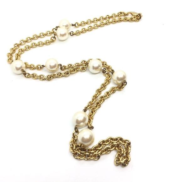 VINTAGE 90S CAROLEE FAUX PEARLS STATION NECKLACE GOLD TONE CHAIN MOBWIFE CLASSIC - Picture 6 of 13